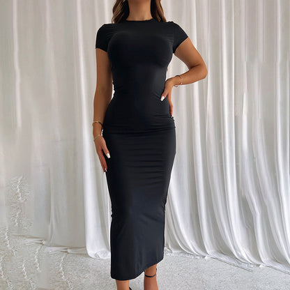 Solid Color Round Neck Slim Kleid Damen